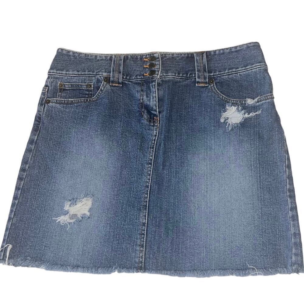 LOFT Frayed Distressed Denim Mini Skirt Medium Wash SZ 8
